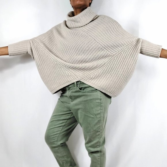 Chelsea & Theodore Ribbed Asymmetrical Cowl Neck Beige Sweater - Picture 3 of 12